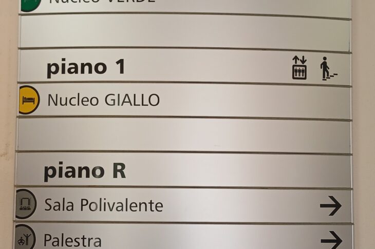 Pannello di orientamento interno che indica la disposizione dei nuclei residenziali e dei principali servizi della Casa di Riposo ai diversi piani dell'edificio.