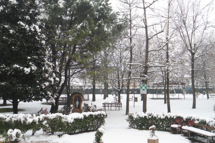 Giardino della struttura coperto dalla neve con alberi, panchine e aree comuni all'aperto.